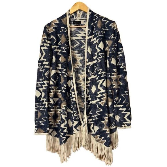 Lucky brand Aztec print fringed brushed knit cardigan M - Picture 1 of 12